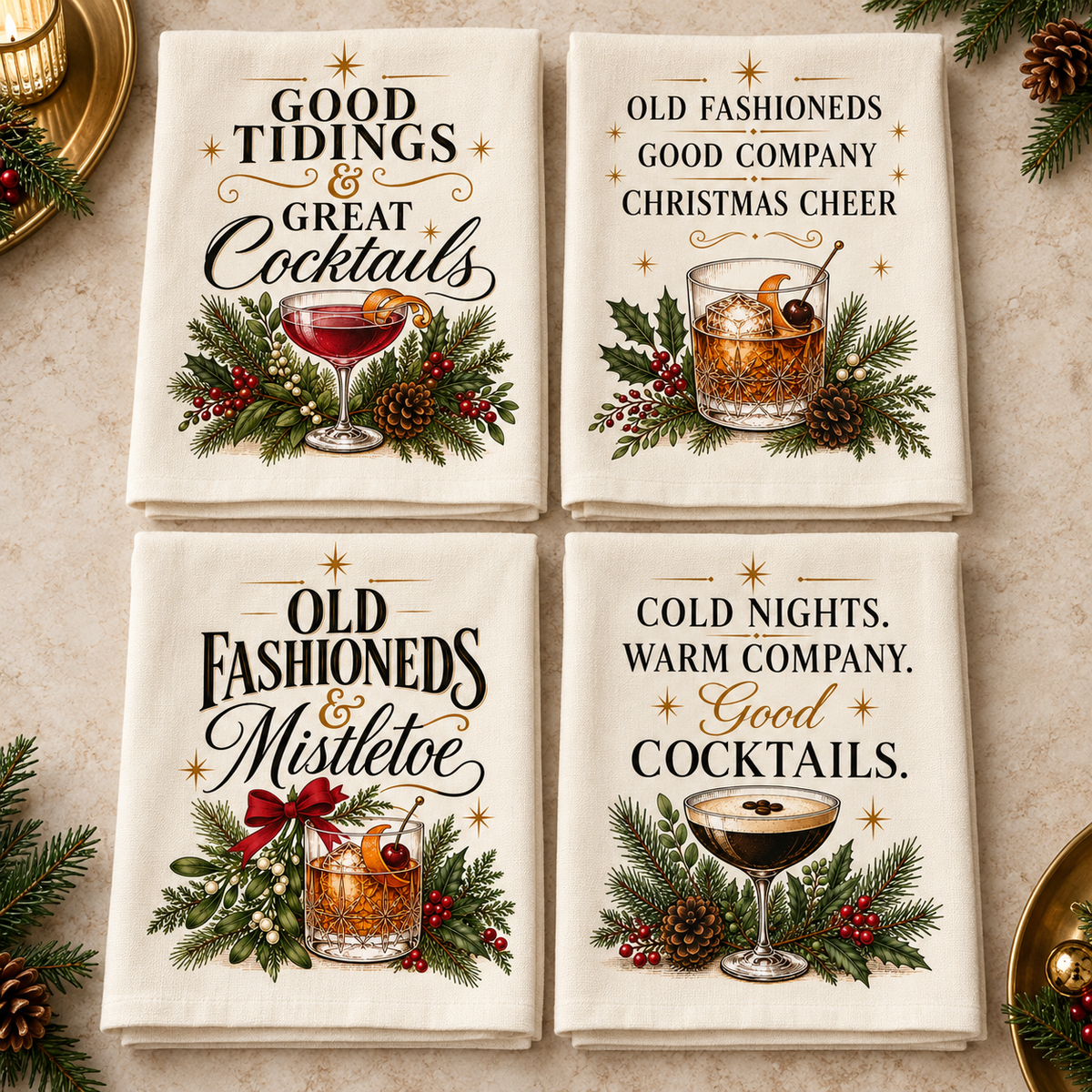 Christmas Spirits Cocktail Tea Towel Set — 4-Pack