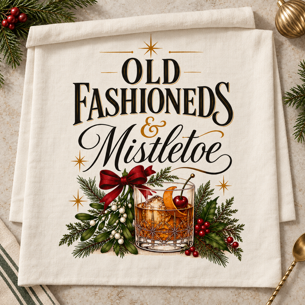 Old Fashioneds & Mistletoe — Holiday Cocktail Tea Towel